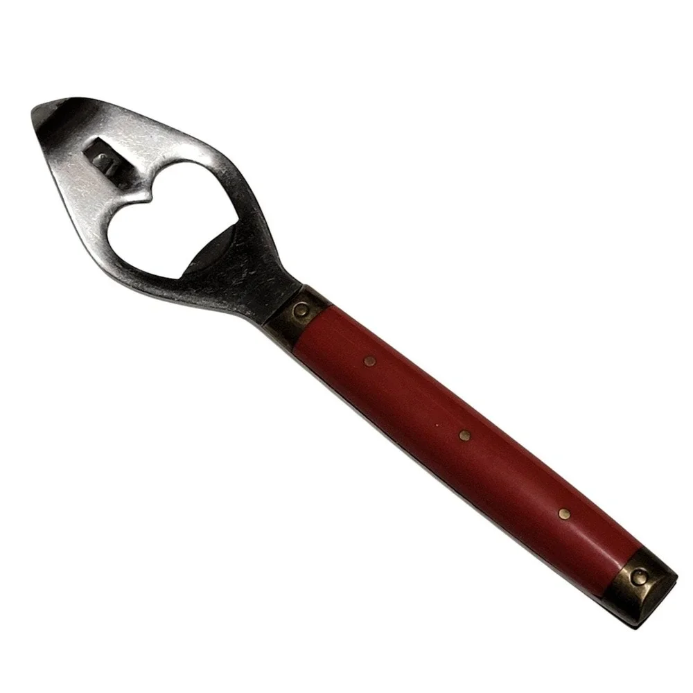 VTG 60s Bottle Opener Viking Red Brass Tone Handle‎ Stainless Steel MCM Barware